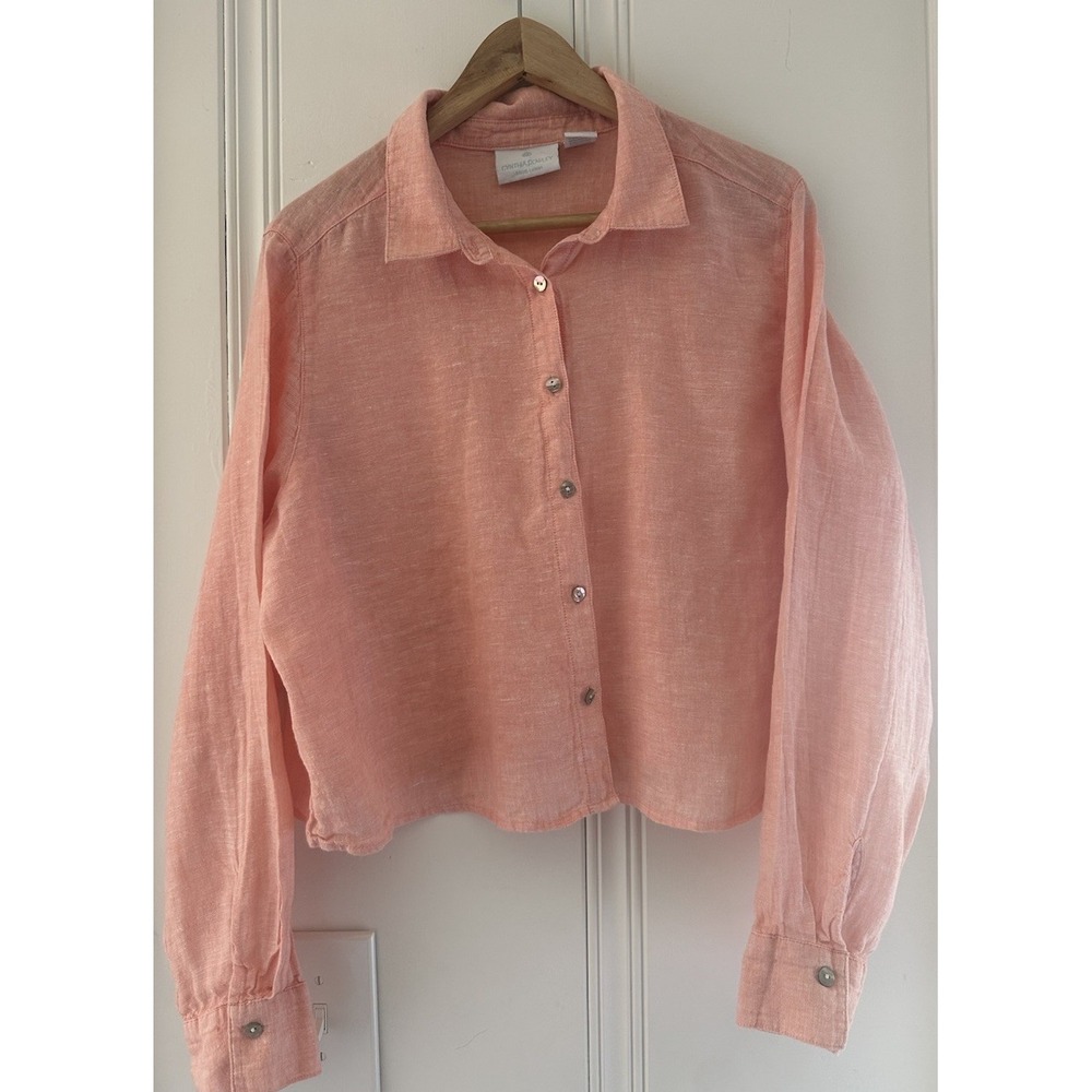 Cynthia Rowley 100% Linen Shirt Womens XL Coral Pink Cropped Button Down